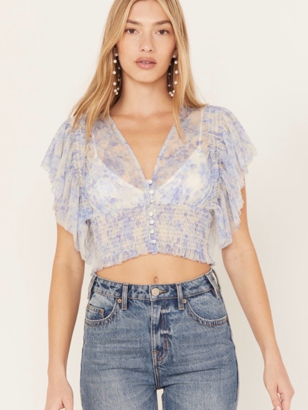Free People Boho Floral Sheer Ruffle Sleeve Crop Top S